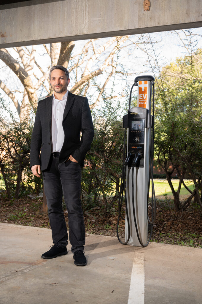 Gleb Yushin, pictured at a campus electric vehicle charging station